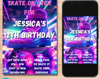 May include: A purple and pink roller skate with neon lights. The skate is on a neon background with the text "Skate on Over for Jessica's 12th Birthday". The text includes the date, time, location, and RSVP information.