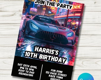 Invitación de cumpleaños editable de Mercedes AMG: Fiesta de carreras (digital)