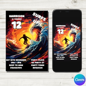 Editable Surfing Birthday Invitation: Surfs Up Party (Digital Download)