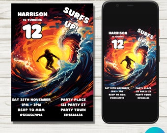 May include: A colorful birthday invitation with a surfer riding a wave. The invitation says "Harrison is turning 12" and "Surfs Up!" The invitation also includes the date, time, RSVP information, and party location.