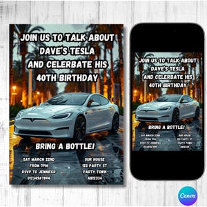 Faire-part d'anniversaire Tesla, carte blague Tesla, invitation à une fête Tesla