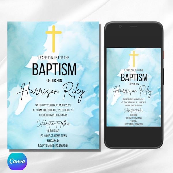 Blue Baptism invitation, Blue Christening invitation, Boy Baptism invite, Boy Christening invite, Digital invite, editable invitation, evite