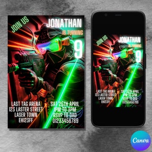 May include: A neon green and red laser tag birthday party invitation with a soldier wearing a neon green and blue visor holding a laser gun. The invitation says "Join Us" and "Jonathan is turning 9". The invitation includes the date, time, location, and RSVP information.