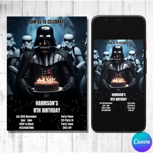 Può includere: Invito a una festa di compleanno a tema Darth Vader con sfondo nero e stelle bianche. L'invito presenta una foto di Darth Vader che tiene una torta di compleanno con candele accese. Il testo sull'invito recita "Unisciti a noi per celebrare l'ottavo compleanno di Harrison".