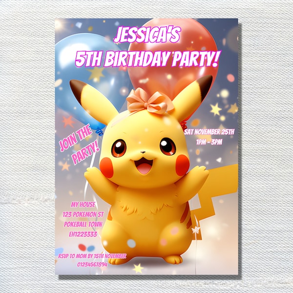 Girls Pikachu Birthday Invitation, Pikachu birthday invite, Pokemon birthday invitation, Pokemon invite, Pikachu invite, Birthday Invitation