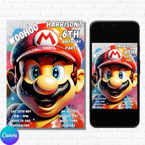 Mario invite, Mario invitation, Super Mario Birthday, Mario Birthday, Birthday Invitation, Video Game invitation, editable invitation, evite