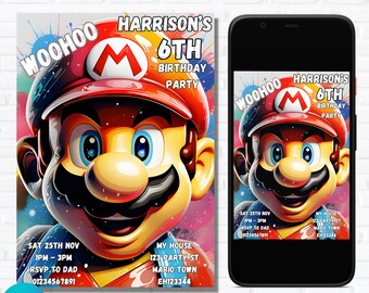 Invitación de cumpleaños de Super Mario: Fiesta de videojuegos editable (Descarga digital)