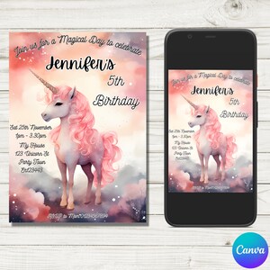Unicorn invitation, Unicorn Birthday invitation, Girls birthday invitation, Magical invitation, Horse invitation, Unicorn invite, editable