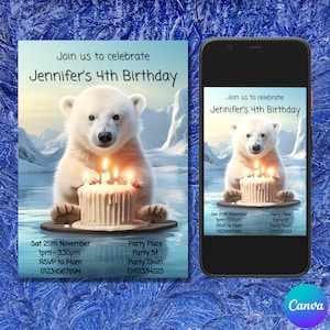Convite de aniversário de urso polar editável, convite de urso polar, convite de aniversário de inverno, tema de urso polar, convite para festa de urso polar, convite para celular