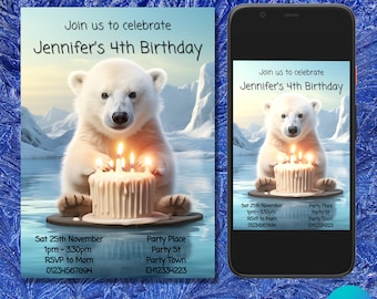 May include: A birthday invitation featuring a polar bear cub holding a lit birthday cake. The invitation includes the text "Join us to celebrate Jennifer's 4th Birthday" and details for the party, including the date, time, RSVP information, and location.