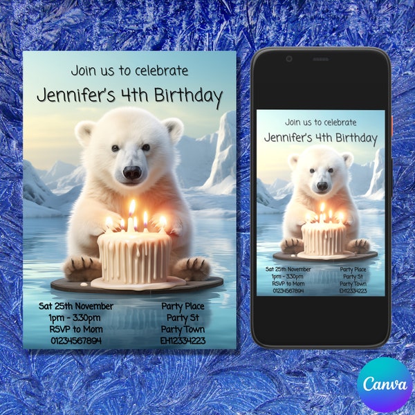 Editable Polar Bear birthday invitation, Polar Bear invite, Winter birthday invite, Polar Bear theme, Polar Bear party invite, mobile invite