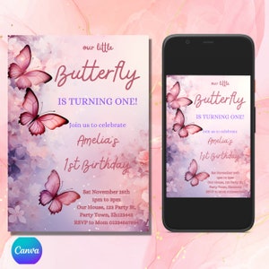 Butterfly Birthday Invitation, First Birthday, Purple Butterfly, 1st Birthday invitation, Editable, Butterfly invitation, Birthday girl