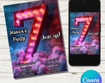 Editable 7th Birthday Party Invitation: Canva Template (Digital Download)