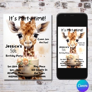 Giraffe Birthday Invitation: Editable Safari Zoo Party (Digital Download)