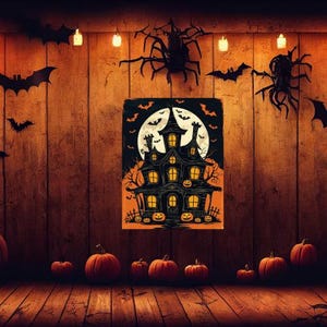 Haunted House Halloween Wall Art – Spooky Pumpkin & Full Moon Print – Gothic Halloween Decor – Printable Fall Poster
