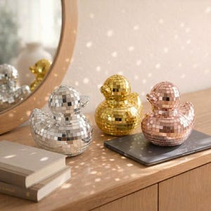 Disco Ball Duck Decor | Mirror Mosaic Statue, Silver Gold Rose Gold Home Accent
