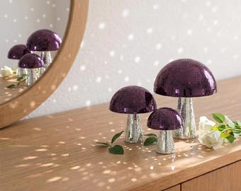 Disco Mushroom Decor | Mirror Mosaic Mushroom Sculpture | Sparkly Shelf Accent | 5in 6in 9in  | Purple
