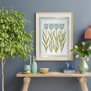Blue & Green Tulip Floral Wall Art | Modern Southern Botanical Print | Grandmillennial Digital Download | Elegant Preppy Chinoiserie Decor