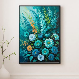 Teal Blue Floral Wall Art Printable, Botanical Flower Print, Turquoise Wall Decor, Modern Watercolor Flower Poster, Digital Download
