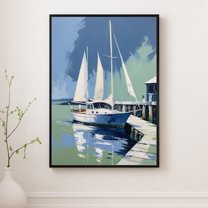 Coastal Boat Wall Art Printable, Nautical Sailboat Painting, Ocean Sea Landscape Digital Download, Blue Green Marina Prin