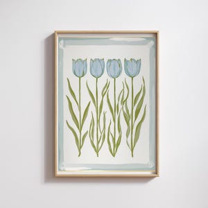Blue & Green Tulip Floral Wall Art | Modern Southern Botanical Print | Grandmillennial Digital Download | Elegant Preppy Chinoiserie Decor