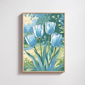 Pastel Blue Tulip Wall Art – Botanical Flower Print, Minimalist Floral Artwork, Blue Tulip Decor for Living Room or Bedroom