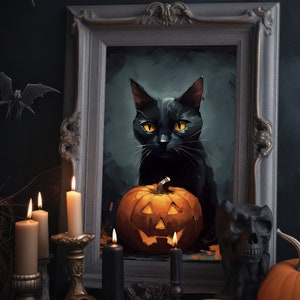 Black Cat Sat with a Pumpkin | Cat | Halloween | Spooky | Pumpkin | Witch | Renaissance | Black Cat | Dark | Autumn | Fall | Candle | Glow