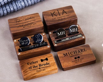 Personalized Men's Cufflinks and Tie Clip, Vintage Metal Cuff links Engraved Wood Gift Box, Wedding Gifts for Groom Groomsmen Dad Best Man
