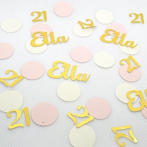 Confettis d'âge d'anniversaire personnalisés rose pastel, crème et or