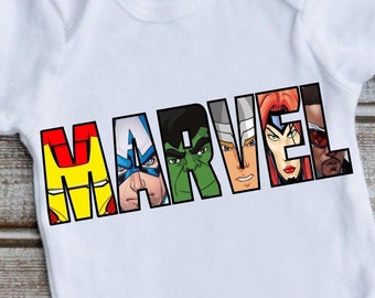 May include: White baby bodysuit with the word "MARVEL" printed across the front. The letters are filled with images of Marvel characters. The bodysuit has short sleeves and snaps at the bottom.