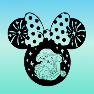 May include: Black and white silhouette of Mickey Mouse ears with a polka dot bow and fireworks. The center of the ears features a black and white illustration of Ariel from The Little Mermaid.