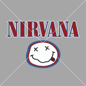 May include: A red and blue graphic with the word "NIRVANA" in bold red letters with a blue outline. Below the word is a white smiley face with black eyes, a black mouth, and a black tongue sticking out. The smiley face is outlined in blue and red.