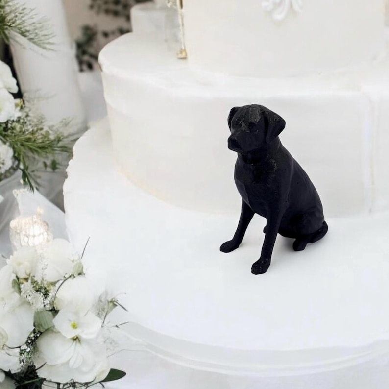 Puede incluir: Un adorno para pastel de perro labrador negro se encuentra sobre un pastel blanco de varios niveles. El perro est&aacute; sentado. Flores blancas y vegetaci&oacute;n en el fondo, creando un tema de boda o celebraci&oacute;n.