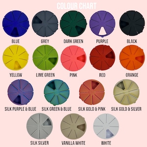May include: Color chart showing 15 different colors of round lids. The colors include blue, grey, dark green, purple, black, yellow, lime green, pink, red, orange, silk purple & blue, silk green & blue, silk gold & pink, silk gold & silver, silk silver, vanilla white, and white.