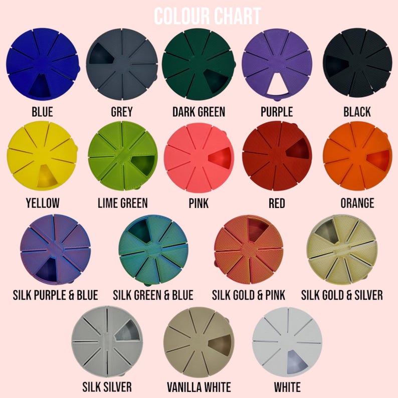 May include: Color chart showing 15 different colors of round lids. The colors include blue, grey, dark green, purple, black, yellow, lime green, pink, red, orange, silk purple & blue, silk green & blue, silk gold & pink, silk gold & silver, silk silver, vanilla white, and white.