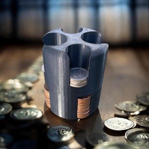 May include: A black 3D printed coin organiser with four compartments. The organiser is filled with coins, including pennies, nickels, dimes, and quarters.