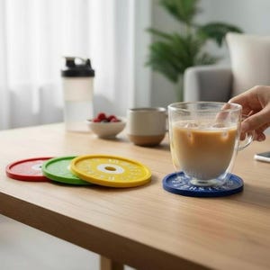 Puede incluir: Un juego de cuatro posavasos circulares dise&ntilde;ados como discos de pesas en rojo, verde, amarillo y azul. Cada posavasos tiene un orificio central y texto en relieve. Un posavasos azul sostiene una taza de cristal con una bebida color caf&eacute;.