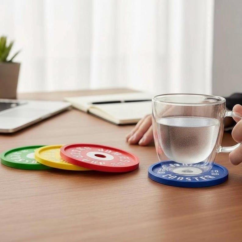 Puede incluir: Un juego de cuatro posavasos circulares dise&ntilde;ados como discos de pesas en verde, amarillo, rojo y azul. El posavasos azul est&aacute; debajo de una taza de cristal transparente con agua. Cada posavasos tiene un orificio central y texto en relieve.