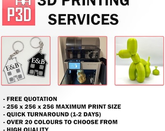 May include: A 3D printing service advertises free quotes, a maximum print size of 256 x 256 x 256 mm, quick turnaround times, over 20 colors to choose from, high quality, and friendly service. The ad features images of a 3D printed house keychain, a 3D printer, and a 3D printed balloon animal.