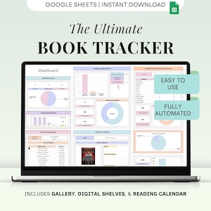 Könnte beinhalten: Ein Laptop zeigt einen digitalen Buch-Tracker mit Diagrammen und Grafiken. Auf dem Bildschirm stehen die Worte "The Ultimate BOOK TRACKER", "Easy to Use" und "Fully Automated". Der Tracker enthält eine Galerie, digitale Regale und einen Lese-Kalender.