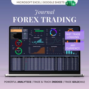 May include: A laptop screen displaying a Forex trading journal with charts and data. The screen shows "Journal FOREX TRADING" and "FAST TRADE LOGGING" and "ANY CURRENCY". The laptop is on a gradient purple background.