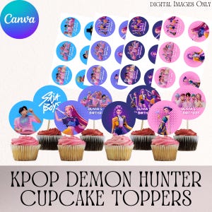 May include: K-pop-themed cupcake toppers with various designs, including images of K-pop stars and the text "Olivia's Birthday." The toppers are arranged on cupcakes with pink frosting. The words "KPOP DEMON HUNTER CUPCAKE TOPPERS" are at the bottom.