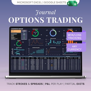 May include: A laptop screen displaying a financial dashboard with the text "Journal OPTIONS TRADING." The screen shows charts, graphs, and data tables. Purple banners read "WIN/LOSS TRACKING" and "ANY CURRENCY." The bottom reads "TRACK STRIKES & SPREADS | P&L PER PLAY | PARTIAL EXITS."