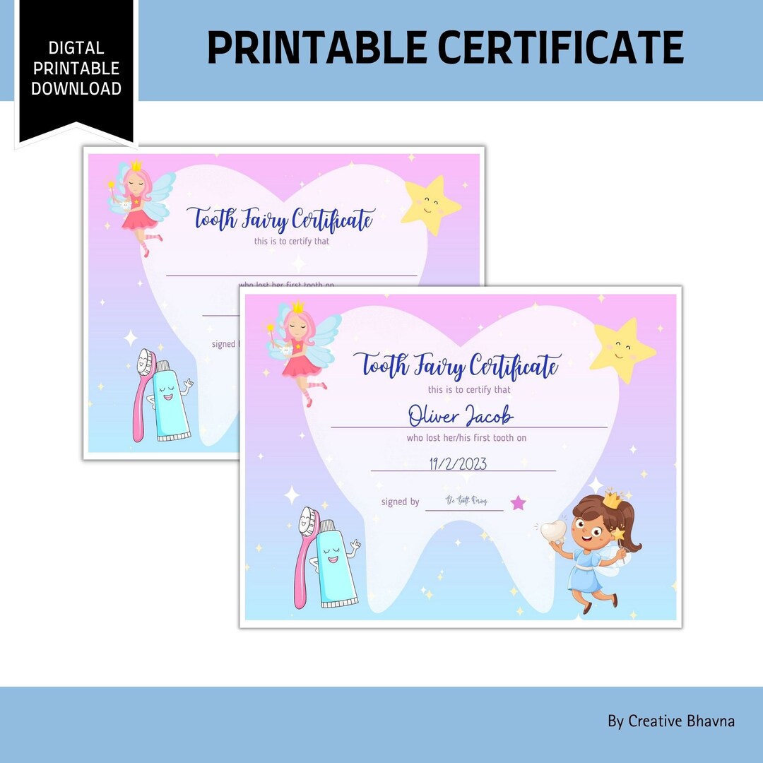 Printable Tooth Fairy Certificate for Kids Lost Tooth Certificate ...