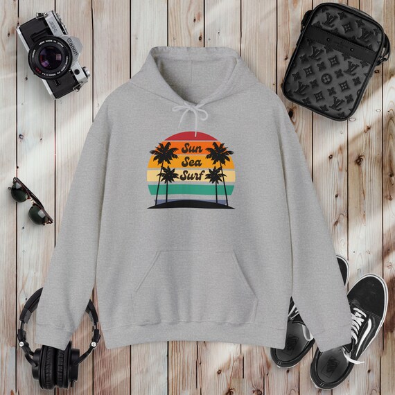 Sun Sea Surf Hoodie, Retro Sunset Hooded Sweatshirt, Y2K Fashion  