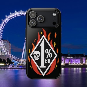 May include: Black phone case featuring a white diamond with a skull, the number 1, the percent symbol, and the letters "ER" surrounded by flames. The background shows the London Eye at night.