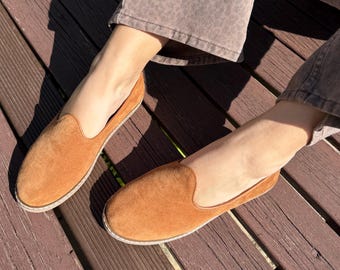 Brown Leather Handmade Shoes, Barefoot Shoes, Brown Suede Leather Flats, Turkish Shoes, Handmade Leather Slip on Shoe, Women's Leather Shoes