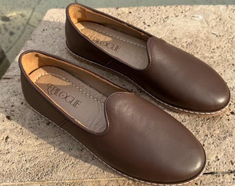 Brown Leather Barefoot Shoes, Leather Handmade Shoes, Brown Leather Flats, Turkish Shoes, Leather Slip on Shoes, Handmade Leather Women Shoe