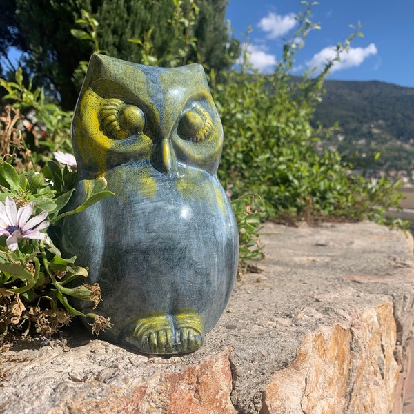 Hibou / Chouette Moyenne Sculpture Artisanale en Faïence émaillée Fait Main - Céramique - Déco Maison Cadeau - Intérieur et Extérieur