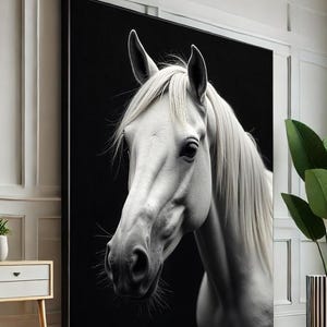 White Horse Canvas Art, Minimalist Equestrian Portrait, Black Background Animal Print, Elegant Wall Decor, Canvas Wall Art Print, Home Decor